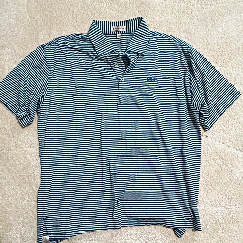 Peter Millar Mens L Blue Striped Hokies Embroidered Cotton Polo Short Sleeve